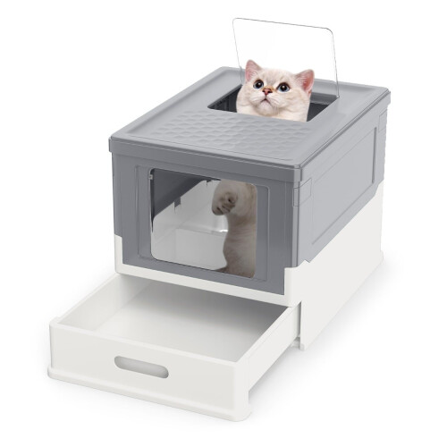 Faltbare Katzentoilette mit Deckel und ausziehbarer Schale, Grau