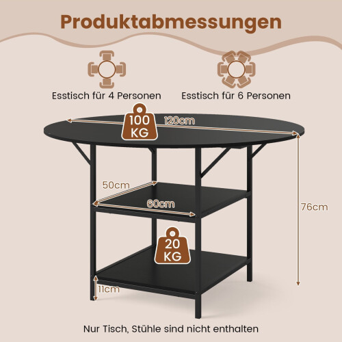 Runder Esstisch, 120 cm, 2-stufiges Regal, Metallgestell 1