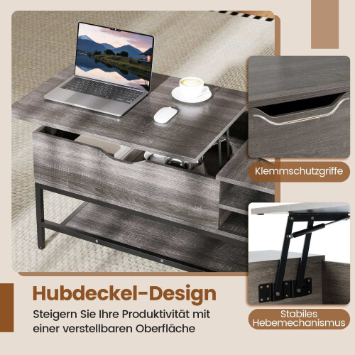 Couchtisch mit Hebemechanismus und Stauraum, höhenverstellbar, Grau 2