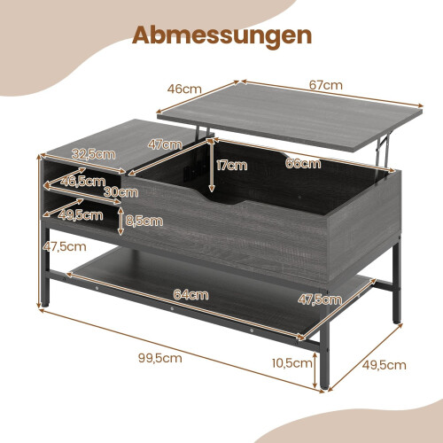 Couchtisch mit Hebemechanismus und Stauraum, höhenverstellbar, Grau 1