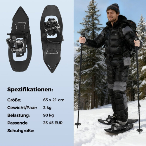 Ciaspole con rialzo per il tallone, bastoncini da trekking e borsa, taglia 35-45 2