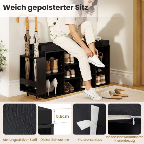 Schuhbank mit Schirmhalter, schwarz, verstellbare Ablagen 2