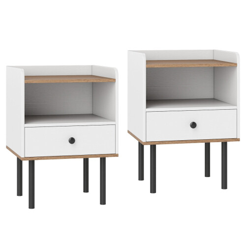 Set di 2 comodini bianchi con cassetto e ripiano aperto