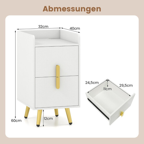 Nachttisch mit Ladestation, 2 Schubladen, Metallbeine, Weiß 1