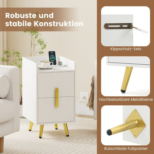 Nachttisch mit Ladestation, 2 Schubladen, Metallbeine, Weiß 2