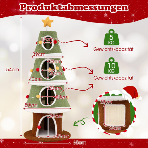 Weihnachtskatzenbaum mit 4 gemütlichen Höhlen und Sisalteppich 1
