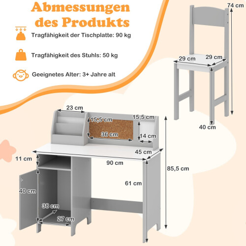 Set scrivania per bambini con sedia, libreria, legno grigio 1