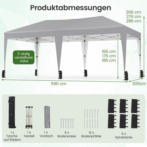 3 x 6 m Pop-Up-Pavillon mit UV-Schutz, Grau 1
