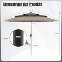3-stufiger Sonnenschirm für die Terrasse, Solar-LED, Kurbelverstellung, Braun