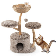 Katzenbaum mit Höhle, 105 cm, Birkenholz, Plüschplattformen