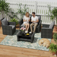 (Black) BIRCHTREE Rattan Garden Furniture Set Armchair Sofa Glass Table Outdoor Patio 02
