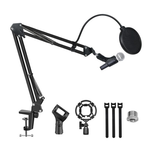 Microphone Stand Boom Arm, Upgraded Microphone Arm Microphone Stand Boom Suspension Bracket with Windshield Filter