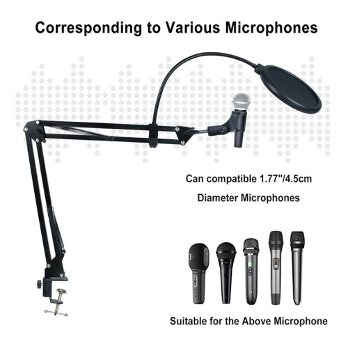Microphone Stand Boom Arm, Upgraded Microphone Arm Microphone Stand Boom Suspension Bracket with Windshield Filter 2