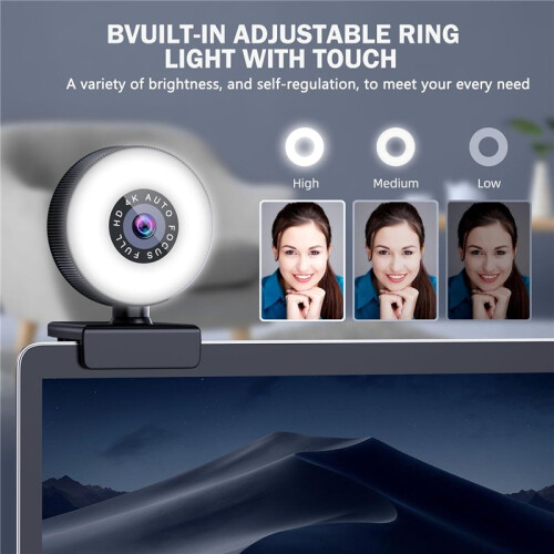 4K HD Autofocus Webcam with Microphone, Adjustable Light Computer Camera USB Webcam for Laptop Desktop Video Calling