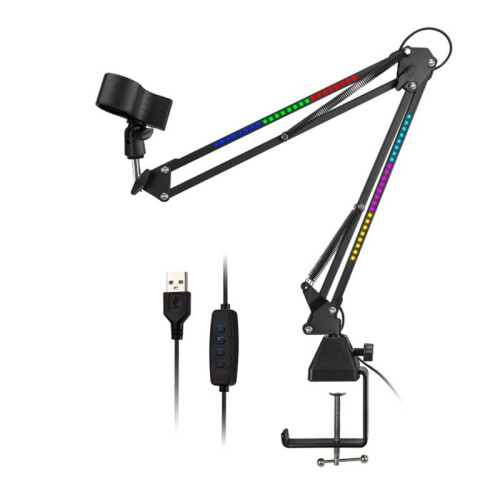 Microfoonbeugel RGB-Microfoonarmstandaard met RGB-Licht Draaibare Ophangarm Schaarstandaard Grote Basis