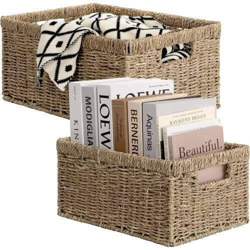 Round Paper Rope Storage Baskets, Rectangular Wicker Baskets with Built-in Handles, Medium, 2-Pack 1