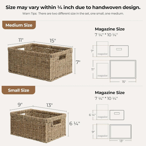Round Paper Rope Storage Baskets, Rectangular Wicker Baskets with Built-in Handles, Medium, 2-Pack 2