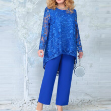 Completo da donna taglie forti composto da due pezzi: tunica a maniche lunghe in pizzo con orlo irregolare e pantaloni a gamba larga, elegante e