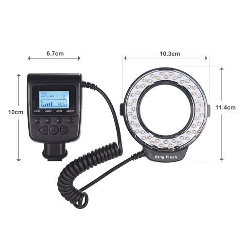 HD-130 Macro LED Ring Flash Light LCD Display 3000-15000K GN46 Power Control with 3 Flash Diffusers 8 Adapter Rings for Cameras 1