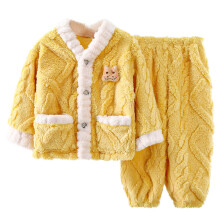 Conjunto de pijama de franela para niños: camiseta de manga larga con cuello en V + pantalón con cintura elástica, ropa de estar por casa suave y