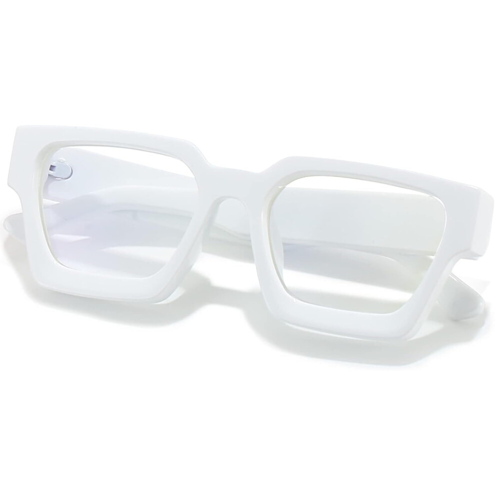 Square Thick Frame Glasses for Women Men Fashion Blue Light Glasses Trendy Chic Computer Eyeglasses (White)