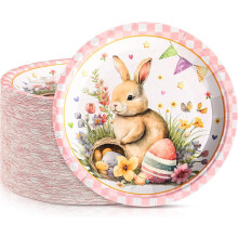 Easter Paper Plates Round Disposable Bunny Plates for Holiday Spring Party Dessert Supplies(White,Bunny with Egg)