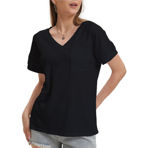 Γυναικεία T-shirts με κοντομάνικα και V λαιμόκοψη, καλοκαιρινά μπλουζάκια με τσέπη 2