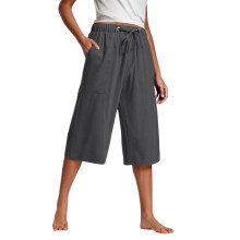 Dames zomerse culottes met wijde pijpen, elastische taille, casual capri broek, ademend, losvallend model met zakken, 60% katoen, 40% linnen, maten