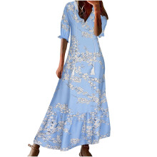 Abiti estivi da donna taglie forti, alla moda, casual, primavera ed estate, con scollo a V e maniche a tre quarti, stampati, lunghi e fluidi, da