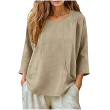 Camisetas de manga larga con cuello redondo para mujer de Kukoosong, corte holgado básico, de algodón y lino.