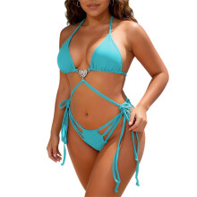 Damen-Badeanzug-Set, einfarbiger, rückenfreier Bikini-Badeanzug, farblich abgesetztes, schulterfreies Zweiteiler-Set mit herausnehmbarem