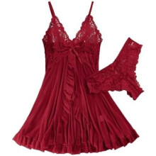 Sexig öppen framtill volang, transparent mesh spets, bygelfri babydoll-klänning med stringtrosa, 2 delar