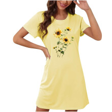 Damen-Nachthemd mit Sonnenblumenmuster in großen Größen, Rundhalsausschnitt, kurze Ärmel, weiche, doppelt gebürstete Milchseide, Größen