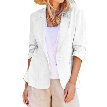 Leinenblazer für Damen, Business Casual, 3/4-Ärmel, leichte Anzugjacke, Büroblazer mit Taschen, Weiß