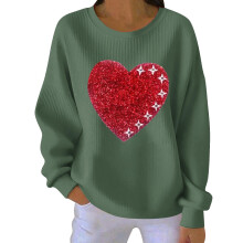 Damska bluza walentynkowa z nadrukiem w kształcie serca, prążkowana, z okrągłym dekoltem i długim rękawem