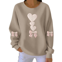 Damen-Sweatshirt mit Herzmotiv zum Valentinstag, gerippt, Rundhalsausschnitt, lang