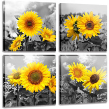 Ensemble de 4 toiles murales tournesol, impression aquarelle giclée, prêt à accrocher – Compatible avec une décoration intérieure moderne