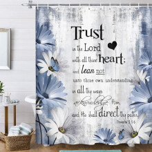 Rustikt lantligt blått duschdraperi med bibelvers, prästkrage och fjärilsdesign – 152x182 cm, kompatibel med standardstänger