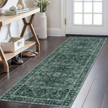 2x6 Ft Washable Boho Runner Rug, Dark Green, Compatible with Hallways, Kitchen, Entryway, Bedroom