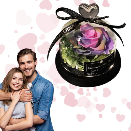 Rose véritable préservée sous cloche en verre avec éclairage LED 1