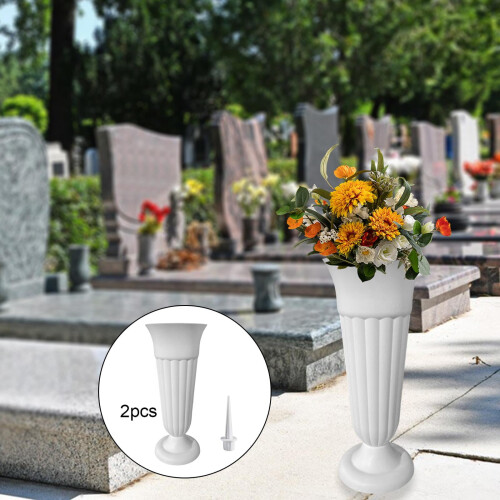 Conjunto de 2 Vasos para Cemitério com Estaca e Base Removíveis, na cor Branca 2