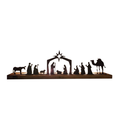 Presépio de metal preto com base de madeira – para mesa de interior