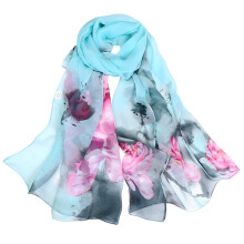 Lenço de seda feminino, lenço leve com estampa floral, xale, lenço da moda, xale e echarpe para a primavera, xale de chiffon verde.