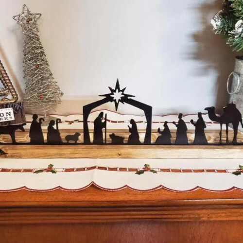 Presepe in metallo nero con base in legno, 12 pezzi 2