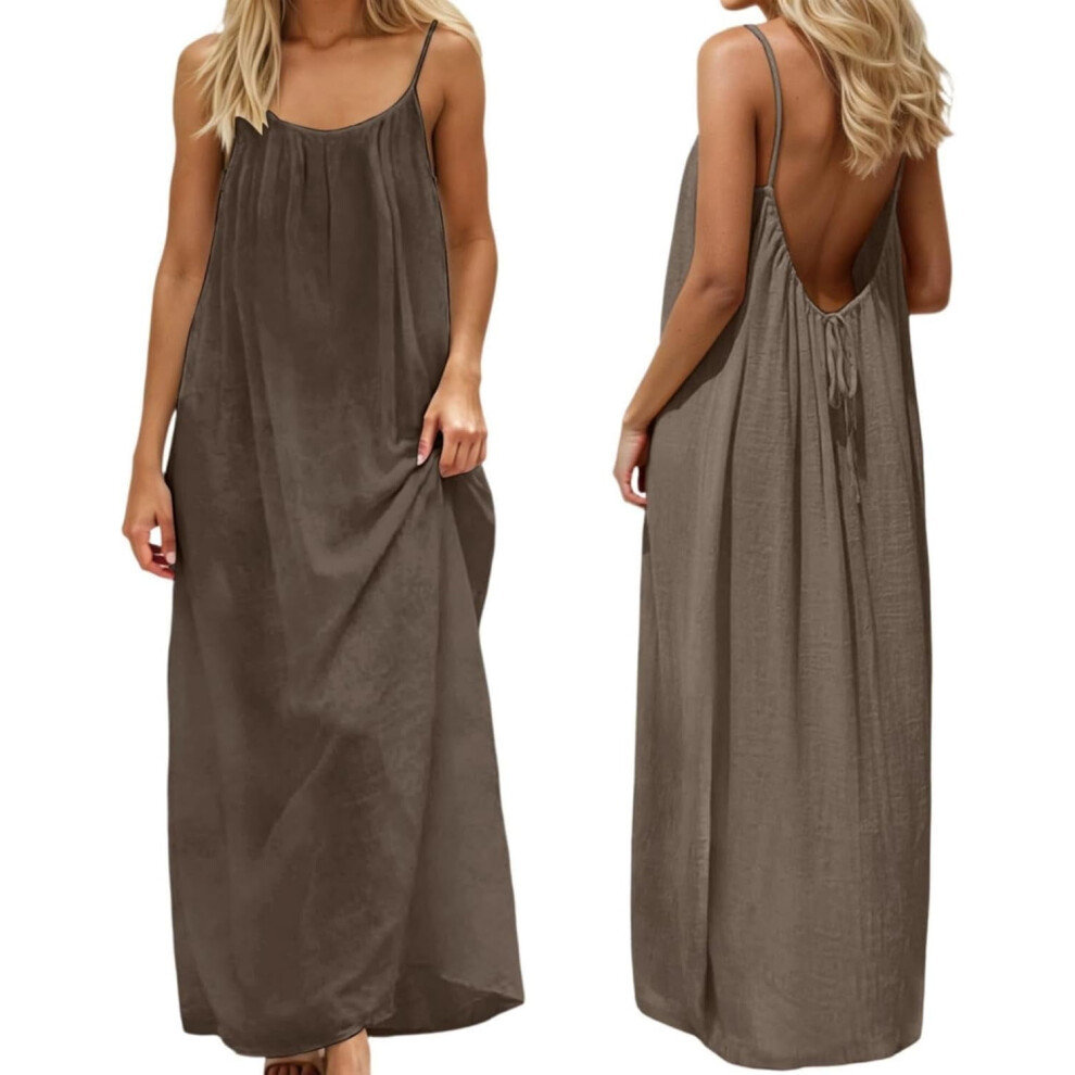 Women Backless Cami Dress, Summer Casual Sleeveless House Lounge Dresses, Spaghetti Strap Flowy Long Beach Sundress 9485826297574