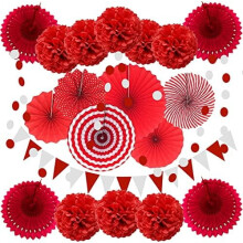 21 piezas de decoración roja para fiestas: abanicos de papel, pompones, flores, guirnalda y banderines triangulares – para cumpleaños, baby