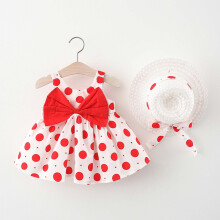 LoyisViDion Babyjurk voor meisjes, peuter, kleuter, baby, zomerjurk met strik, stippen, bretels en hoedje, rood, 1-2 jaar