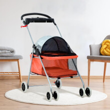Cochecito plegable para mascotas con portavasos, 4 ruedas todoterreno, malla transpirable, para mascotas de hasta 15 kg (33 lbs) – Naranja
