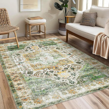 Washable Area Rug 4x6 Rugs Non Slip Vintage Rug Stain Resistant Soft Rug Non Shedding Distressed Rug Indoor Carpet Dining Green Multi