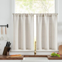 Striped Linen Kitchen Tier Curtains, 30", Farmhouse Modern Cafe Style, Light Filtering, Rod Pocket, 2 Panels, Taupe Grey